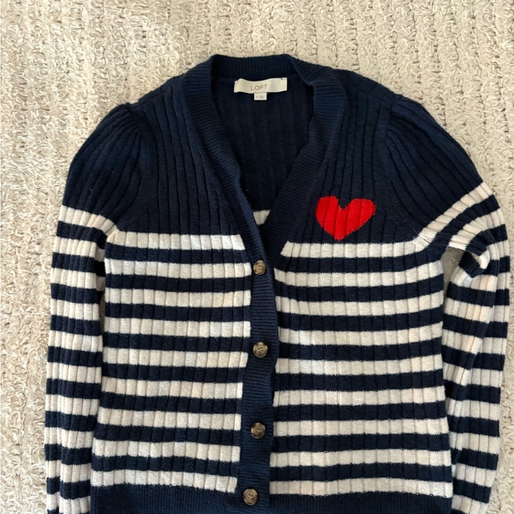 Loft Navy and White Striped Women's Sweater with Heart Detail - Picture 5 of 6